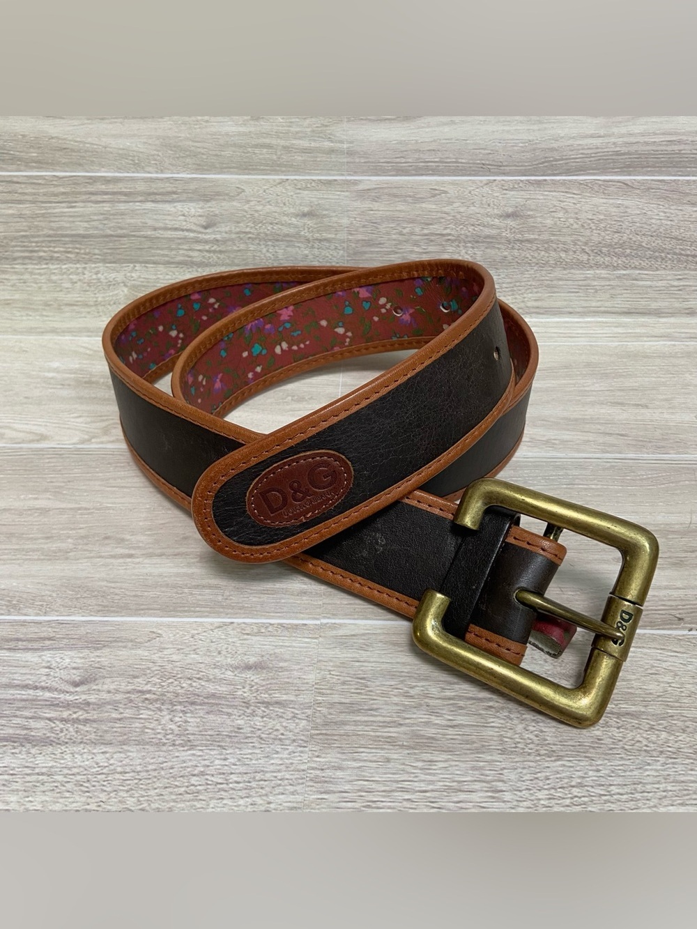 D&G Dolce & Gabbana Dark Brown Tan Floral Leather Belt with Brass Buckle Size 90
